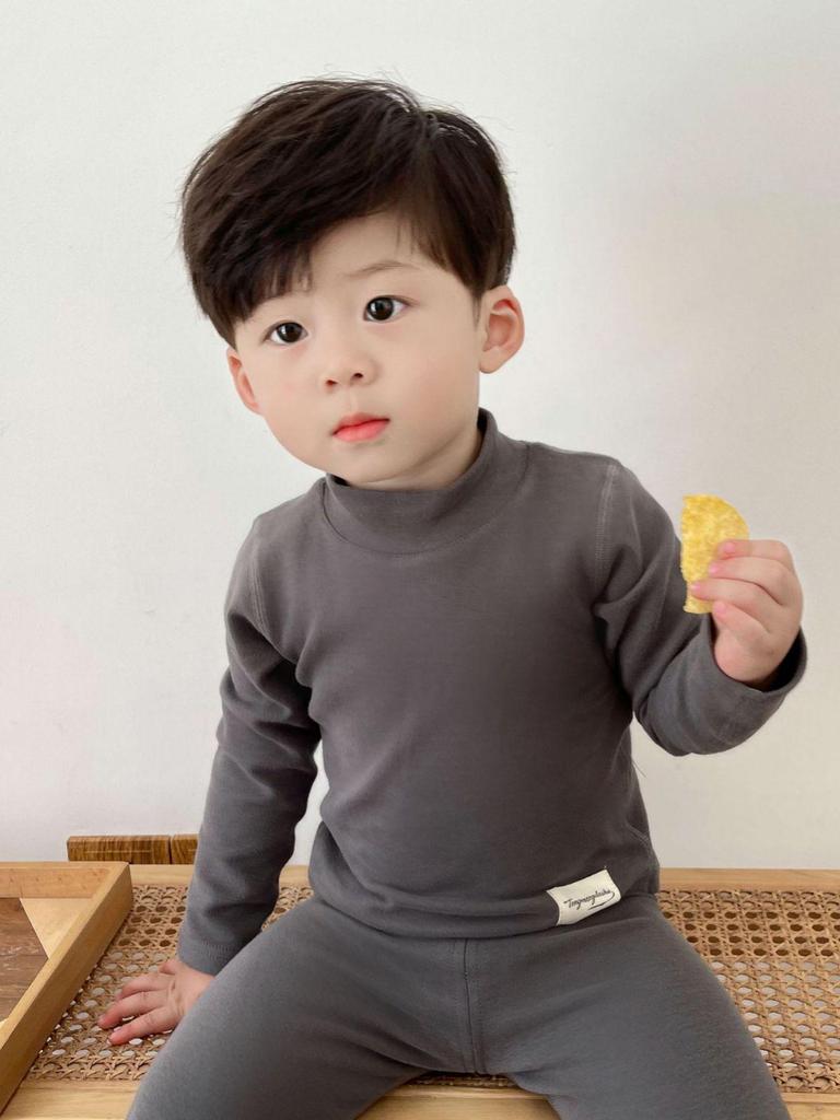 Unisex Baby Cotton Thermal Set: Cozy Brushed High-Neck Top & Trousers for Autumn/Winter