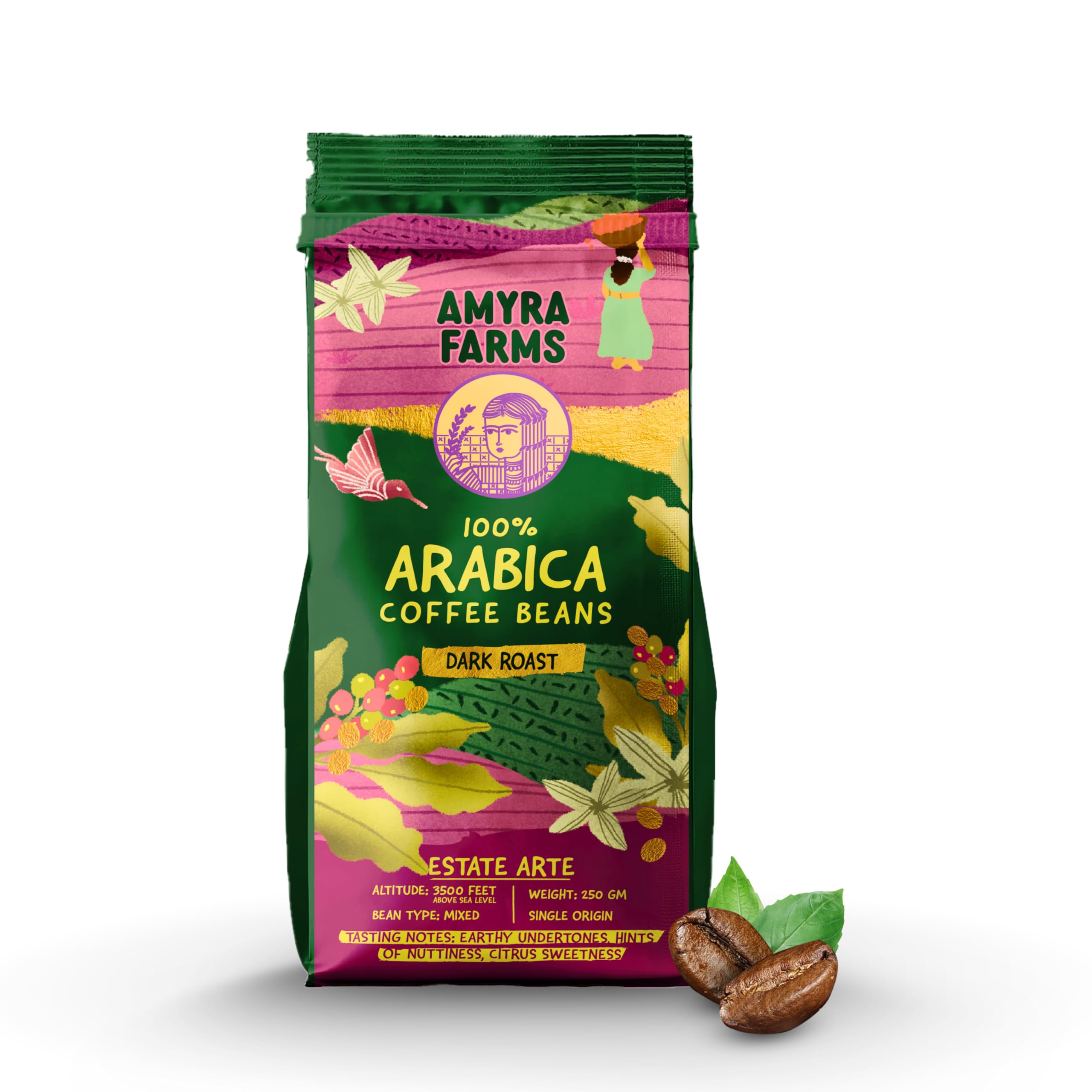 Amyra Farms Coffee Beans Roasted - 250 g Fresh Dark Roasted Arabica Coffee Beans | Single Origin | Specialty Whole Beans | Sun Dried