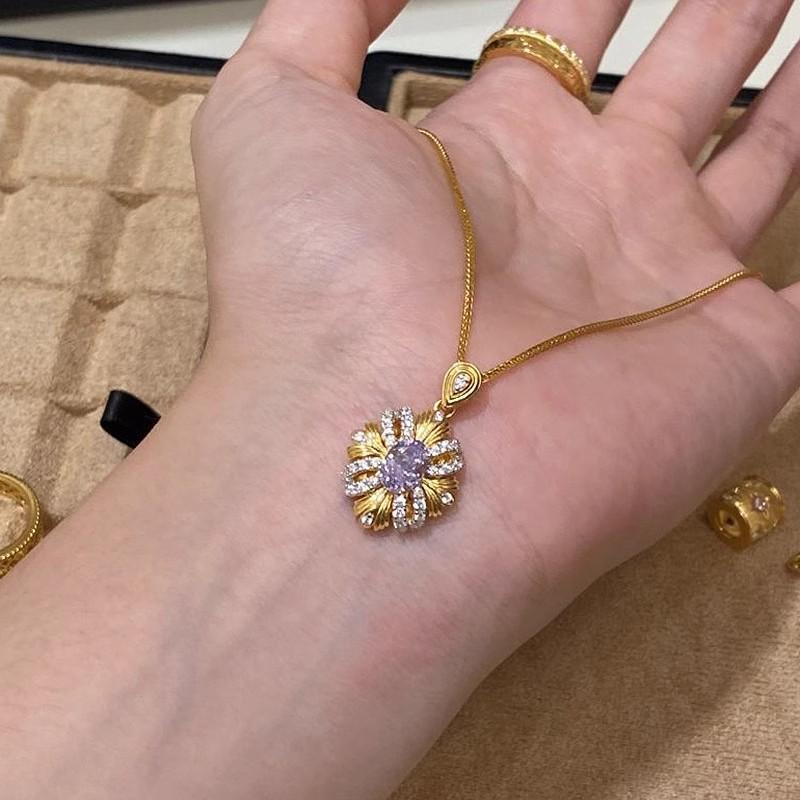 Vintage Bauhinia Ribbon Ring Noble And Elegant Purple Zircon Necklace Temperament Exquisite Stud Earrings Haute Couture Color Treasure Set