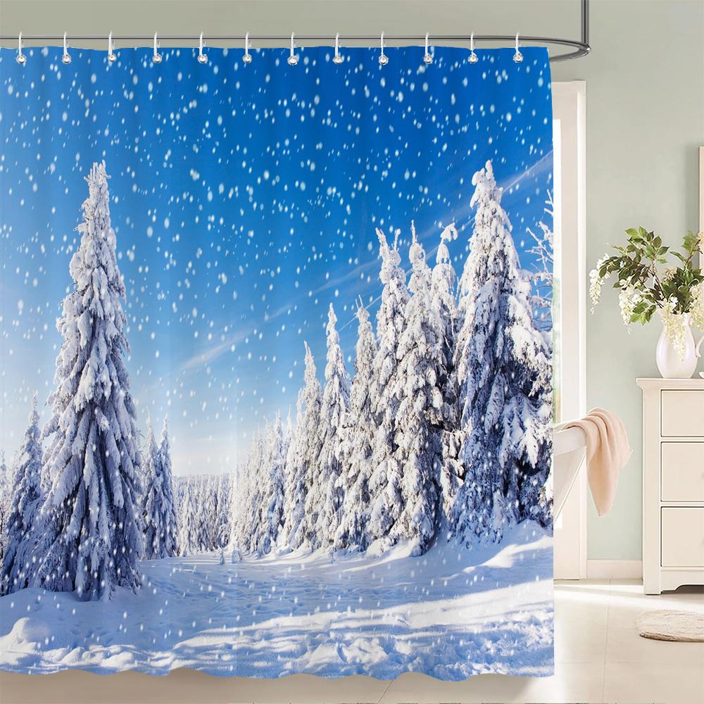 1 szt. Zimowy krajobraz Zasłona prysznicowa Scena śnieżna Drukowana Zasłona łazienkowa Tkanina poliestrowa Wodoodporna Zasłona do dekoracji domu