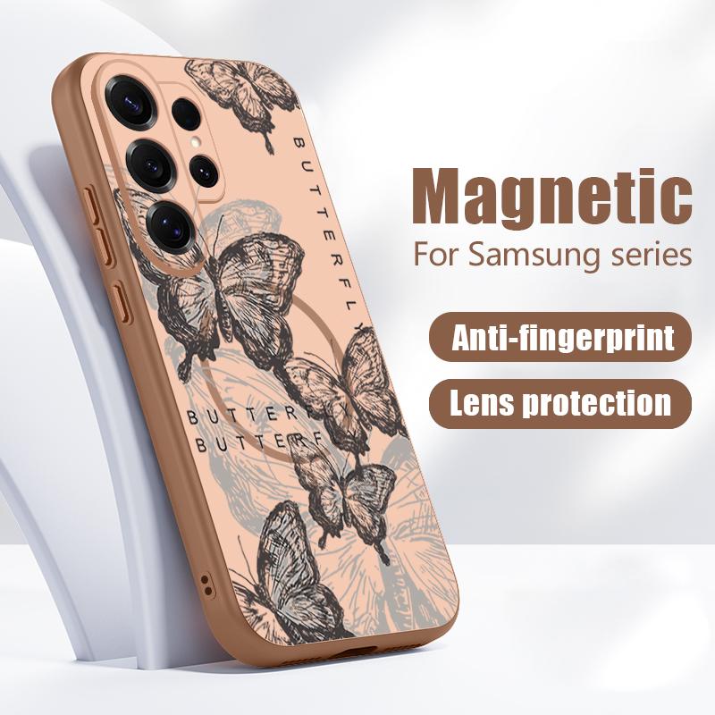 Magnetic For Magsafe Case For Samsung Galaxy S26 Ultra S25 Edge S24 Plus S23 FE S22 A54 A55 A56 5G Retro Butterfly Print Matte Cover
