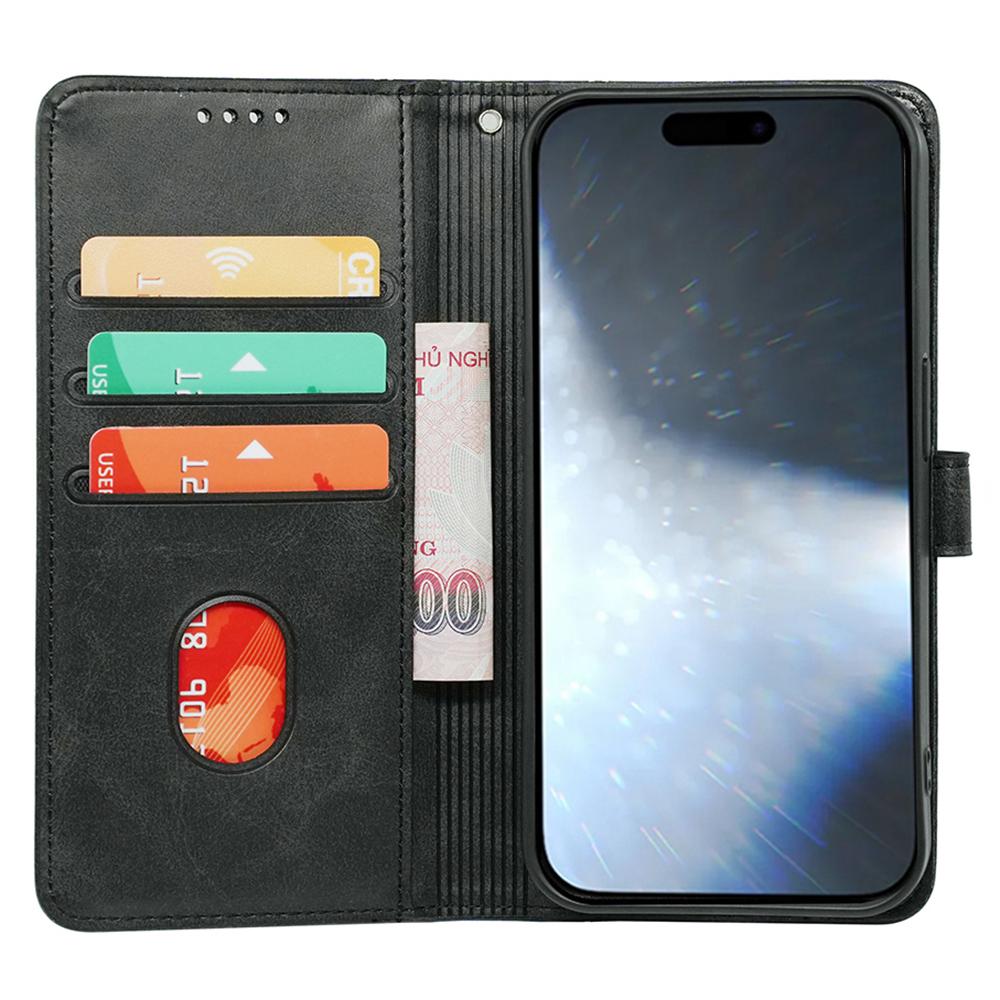 

For iPhone 16 Plus Case Calf Texture Leather Stand Book Style Phone Cover Black