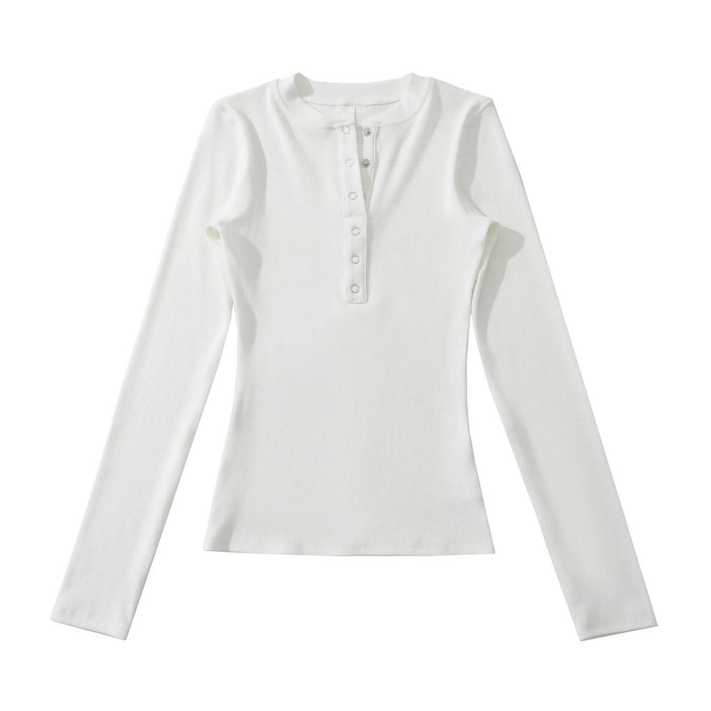 Women's Korean Style Henry Collar Long Sleeve Base Layer T-shirt for Autumn/Winter – Stylish, Stretchy, Basic Top