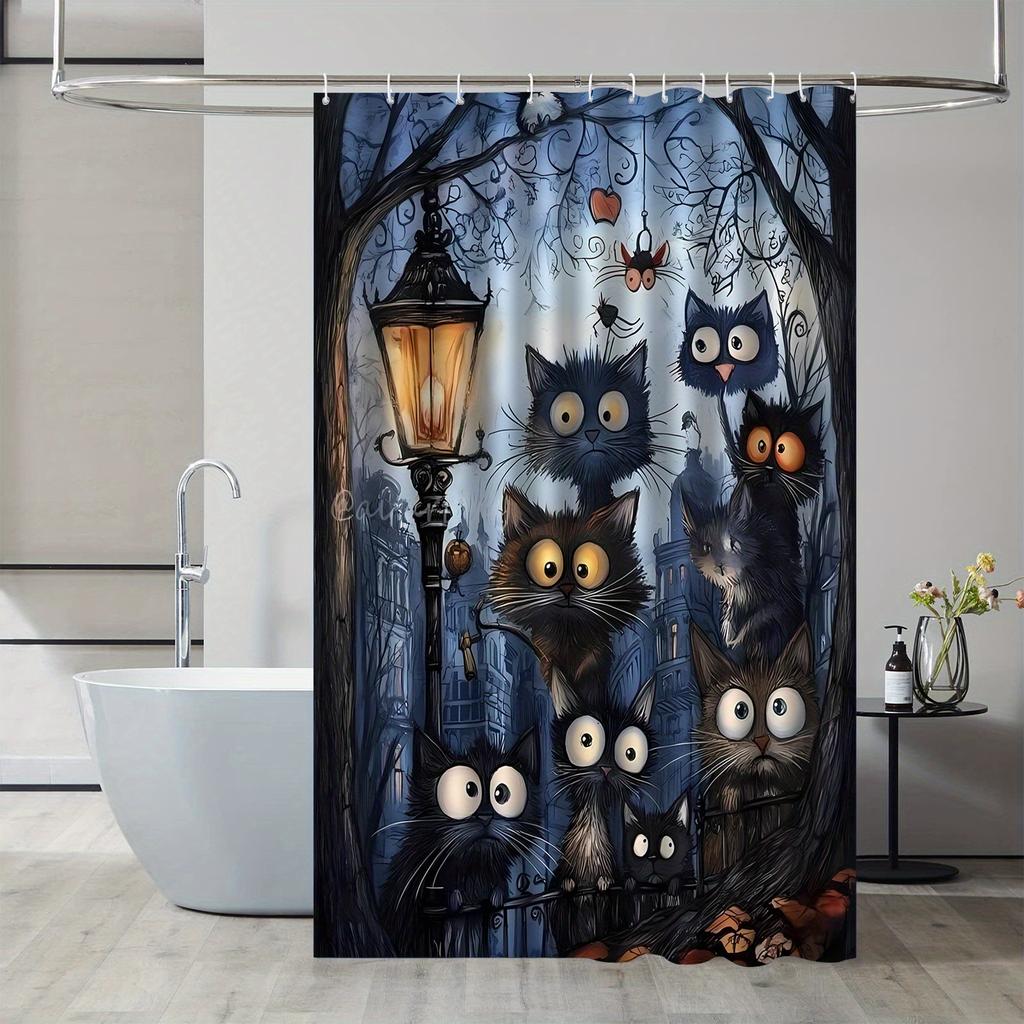 "Spooky Halloween Cat Shower Curtain - Perfect For Haunted Bathroom Decor. High-Quality Fabric Ensures Durability And Festive