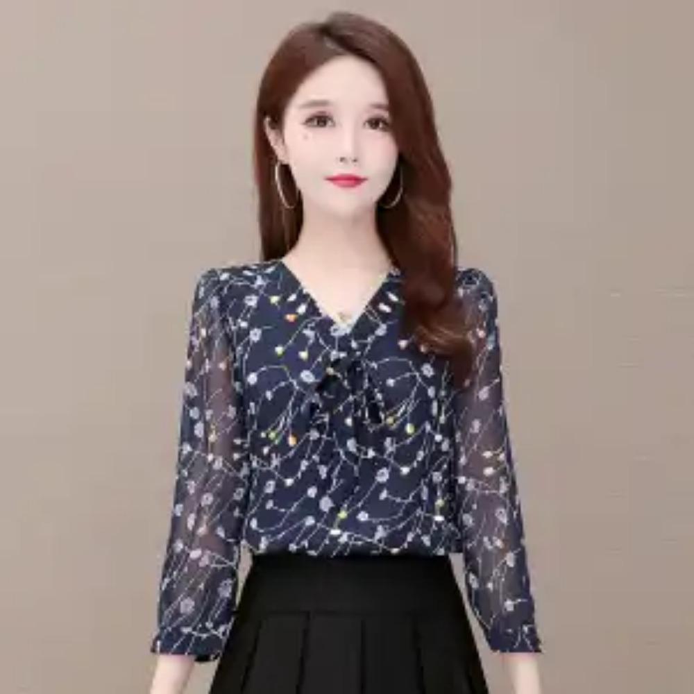 

Женская одежда Свободный V-образный вырез Бант Принт в горошек Пляжный стиль Прямые пуловеры Рукав три четверти Весна Лето Тонкий XXL синий