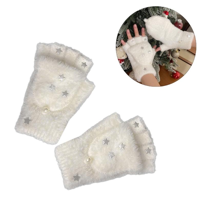 Half Finger Screentouch Gloves with Star Decors Soft Rex Rabbit Furs Short Gloves for Students Girl Winter Daily Wear