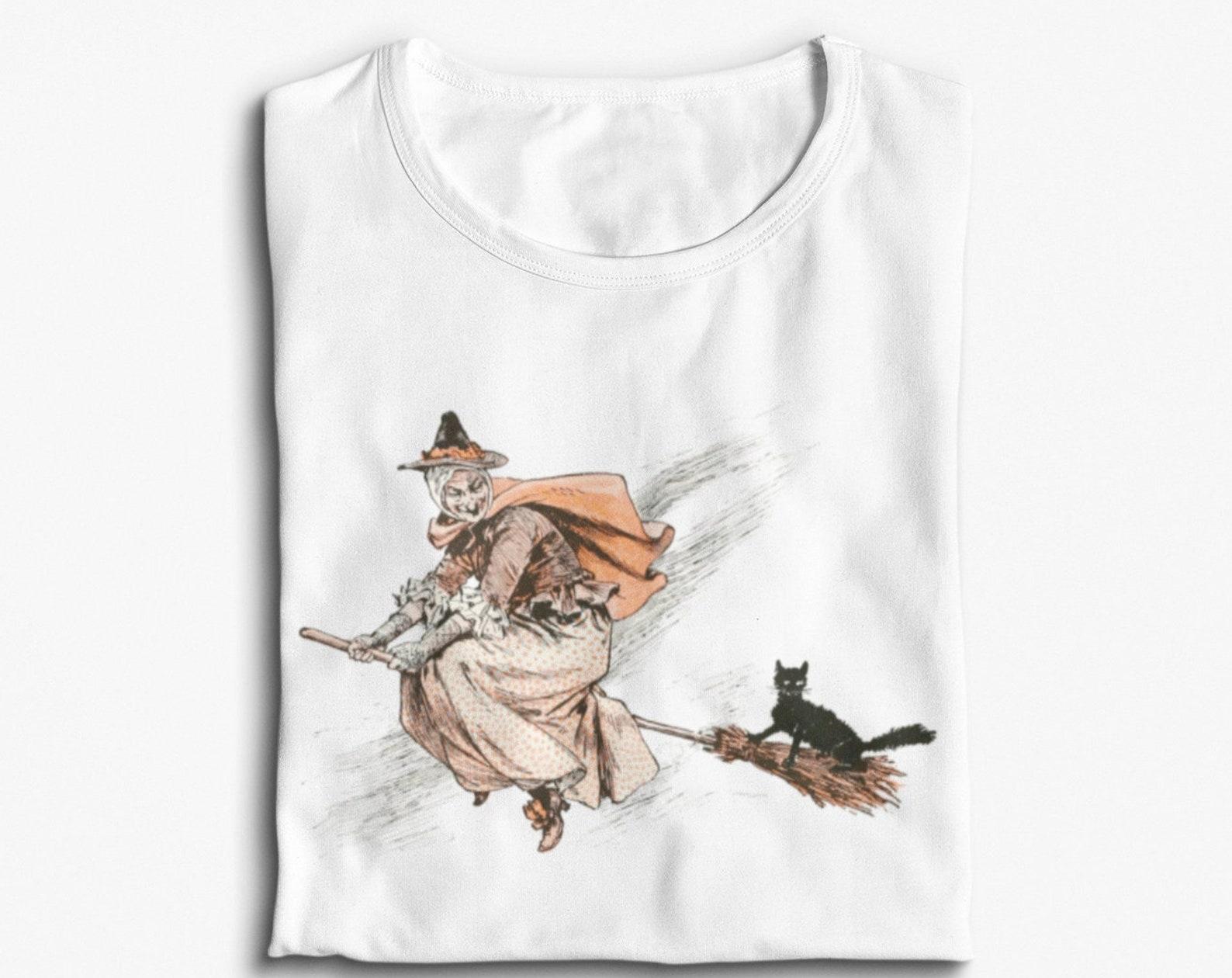 Retro Flying Witch T-shirt: Broomstick & Cat, Vintage Style 2XL