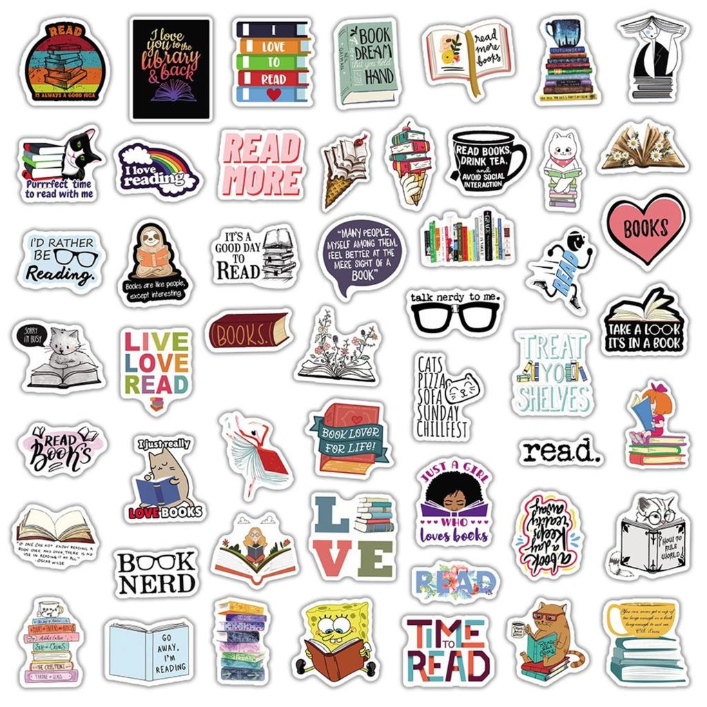 50pcs Reading Stickers Book Lover Cartoon Characters Waterproof DIY Decorative Stickers for Water Bottles Cars Laptops Scrapbooking