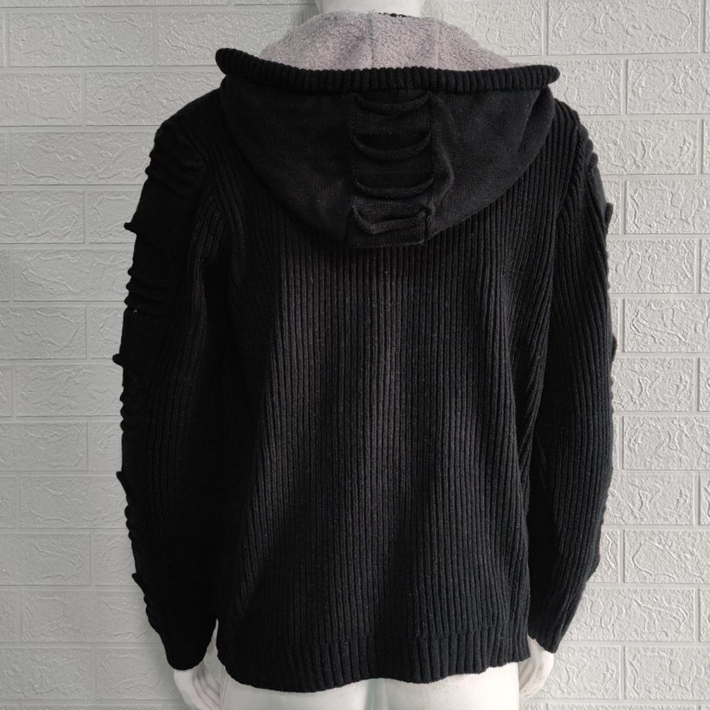 Men's Solid Color Button Sweater Men's Hooded Knitted Fleece-lined Cardigan Jacket