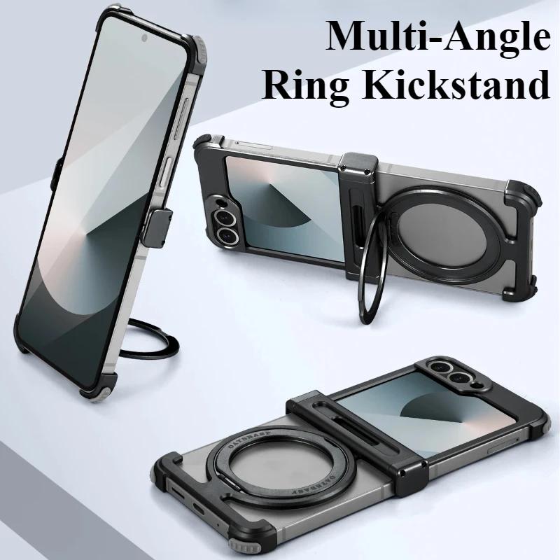 Oatsbasf Metal Frameless Phone Case for Samsung Galaxy Z Flip 7/6 with 360°Rotation Ring Stand Bumper Protective Z Flip 7 6 Case