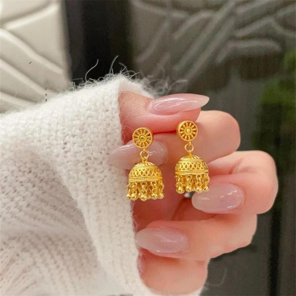 Retro Gold Fringed Bell Stud Earrings Women's Fashion Niche Temperament Earrings Light Luxury High-end Medium Antique Earrings
