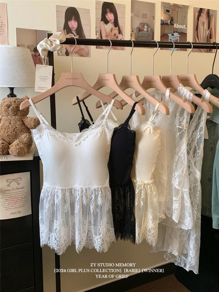 Winter 2024 Women's Lace Slip Dress - Sleeveless, Layered, Waist-Hugging with Bow