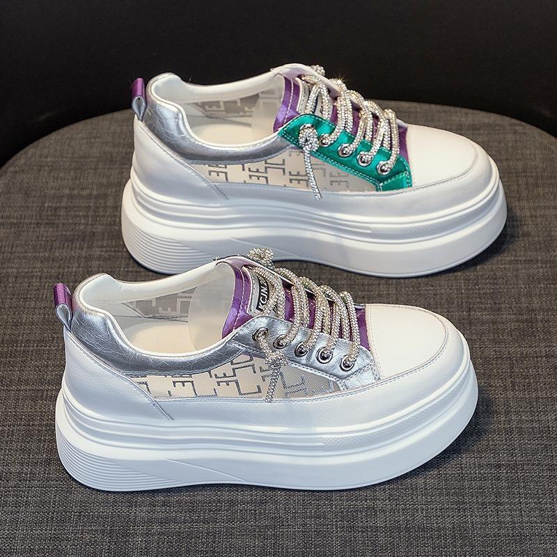 Small Inner Height Increase Women's Shoes Summer New Mesh Breathable Thick-soled Leather White Shoes Casual Sports