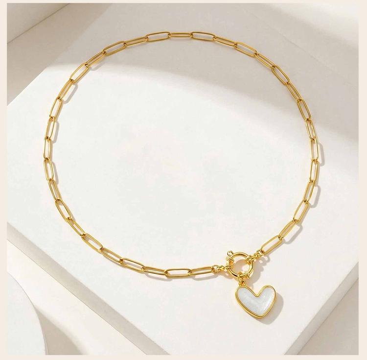 Romantic Heart Pendant Necklace Gold Plated Stainless Steel Paperclip Chain Enamel Love Shape Waterproof Aesthetic Mother Gift
