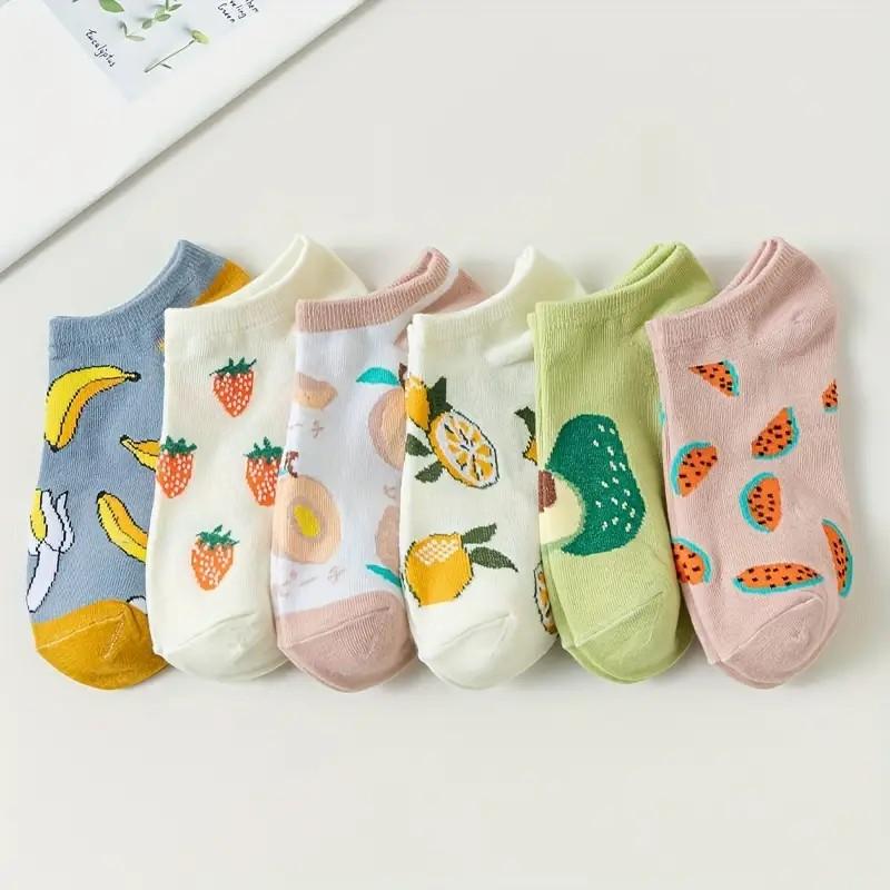 1/6 Pairs Women Cartoon Fruit Printed Cotton Boat Socks Spring Summer Sweat Absorbing Breathable Soft Comfortable Ankle Socks