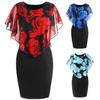 Plus Size Elegant Office Lady Rose Flower Print Cape Bodycon Knee Length Dress