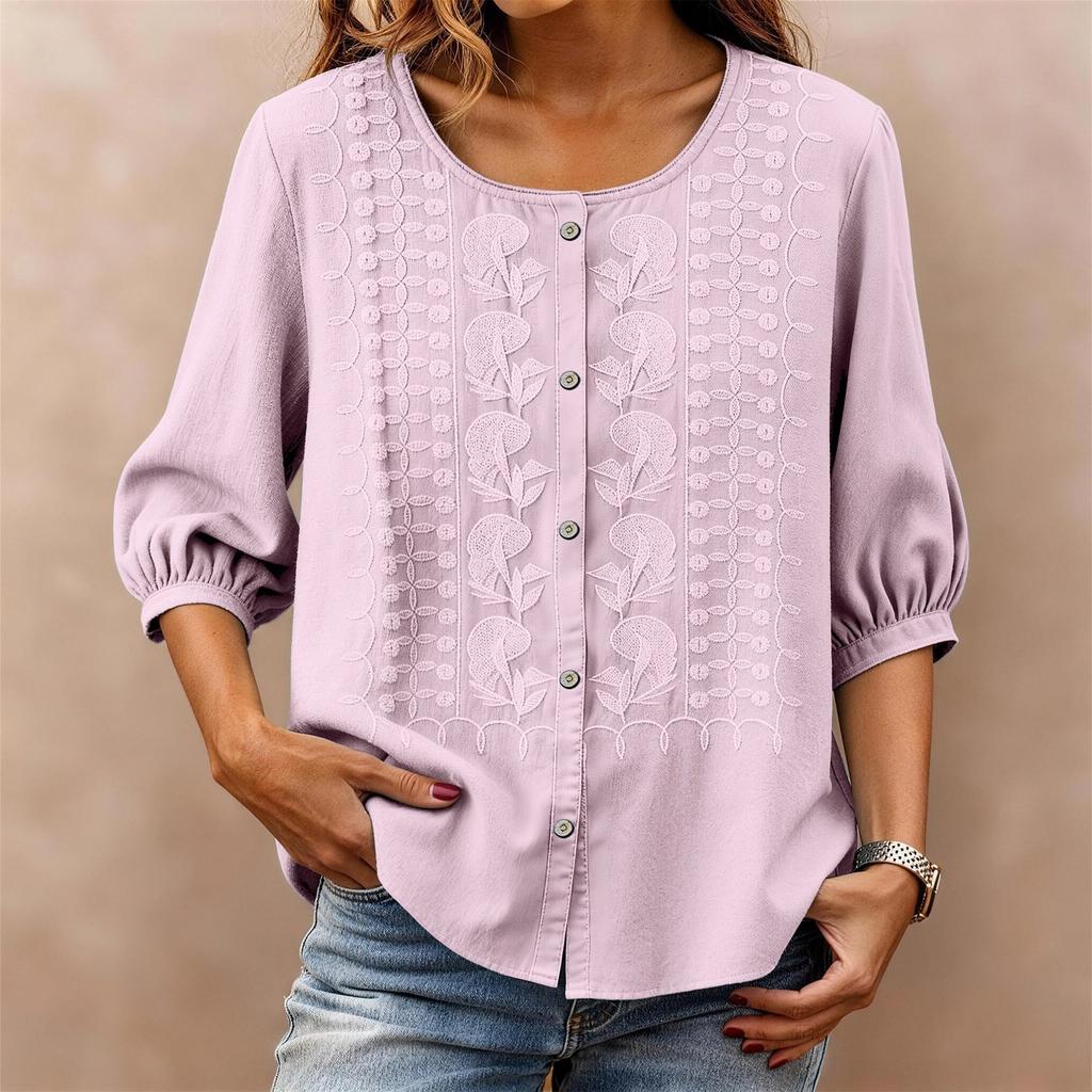 Womens 34 Sleeve Button Down Blouse with Embroidered Floral Pattern Loose Fit Casual Top for Everyday Wear