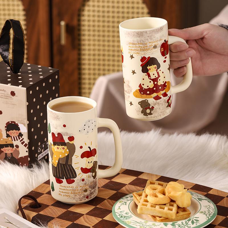 Parent Child Time Retro Ceramic Straight Cup Gift for Girls with High Appearance Large Capacity Water Cup Mug Souvenir