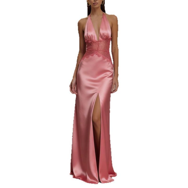 2026 Spring/Summer Women's European & American Deep V Backless Lace See-Through Long Dress