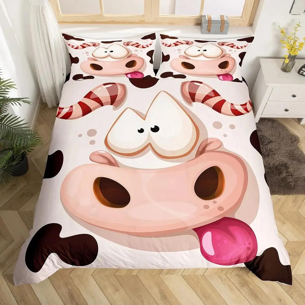 Milk Cow Duvet Cover Set Pink White Cow Strawberry Pattern Comforter Cover Bedding Set for Girls Kawaii Milk Cow Qulit Cover Set