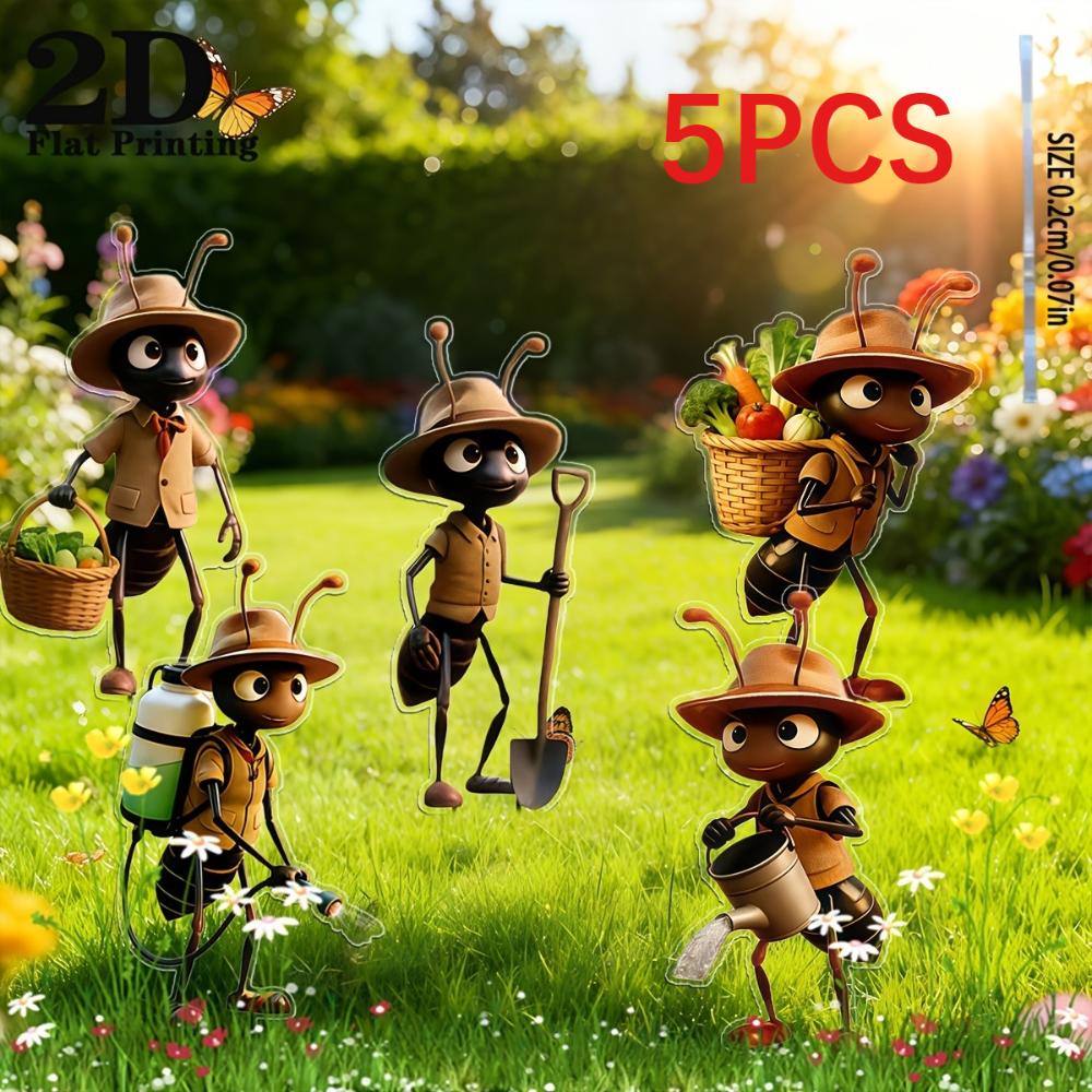 2D Flat 5Pcs Ant Acrylic Garden Decor Set Reusable For Yard Lawn Planter Outdoor Ornaments Gift