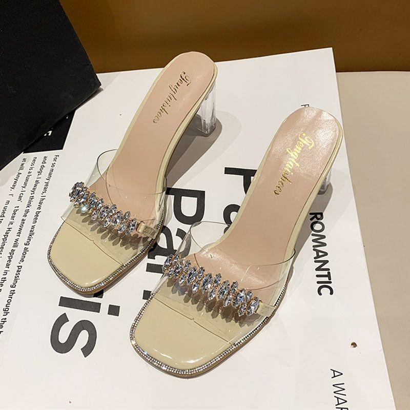 

Rhinestone sandals 2025 summer new versatile outer wear transparent slippers high heels fairy style temperament thick heel one-word drag 40