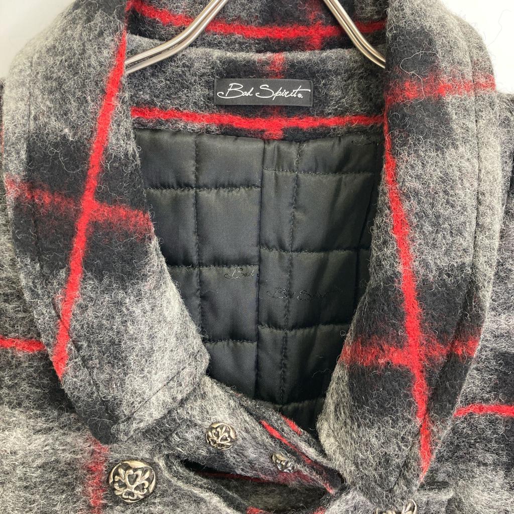 BAD SPIRIT Grey Wool Zip Quilted Double Breasted Gilet Coat Coat S Grey Black Red CheckUsed