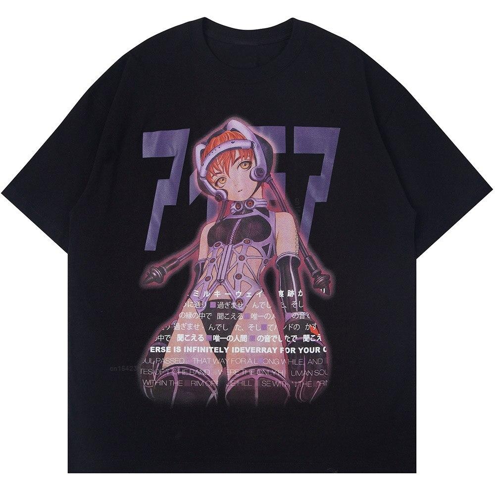 Aolamegs Unisexs Tee Shirts Sexy Unisexga Girls Kanji Print Anime Tee Shirts Summer Baggy College Style Tops Fashion Otaku Streetwear