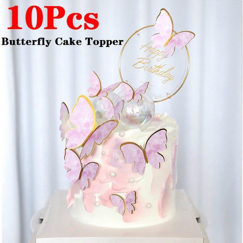 10Pcs/Set Birthday Cake Toppers Cake Decoration Handmade Painted Butterfly Cake Topper for Wedding Birthday Party Baby Shower