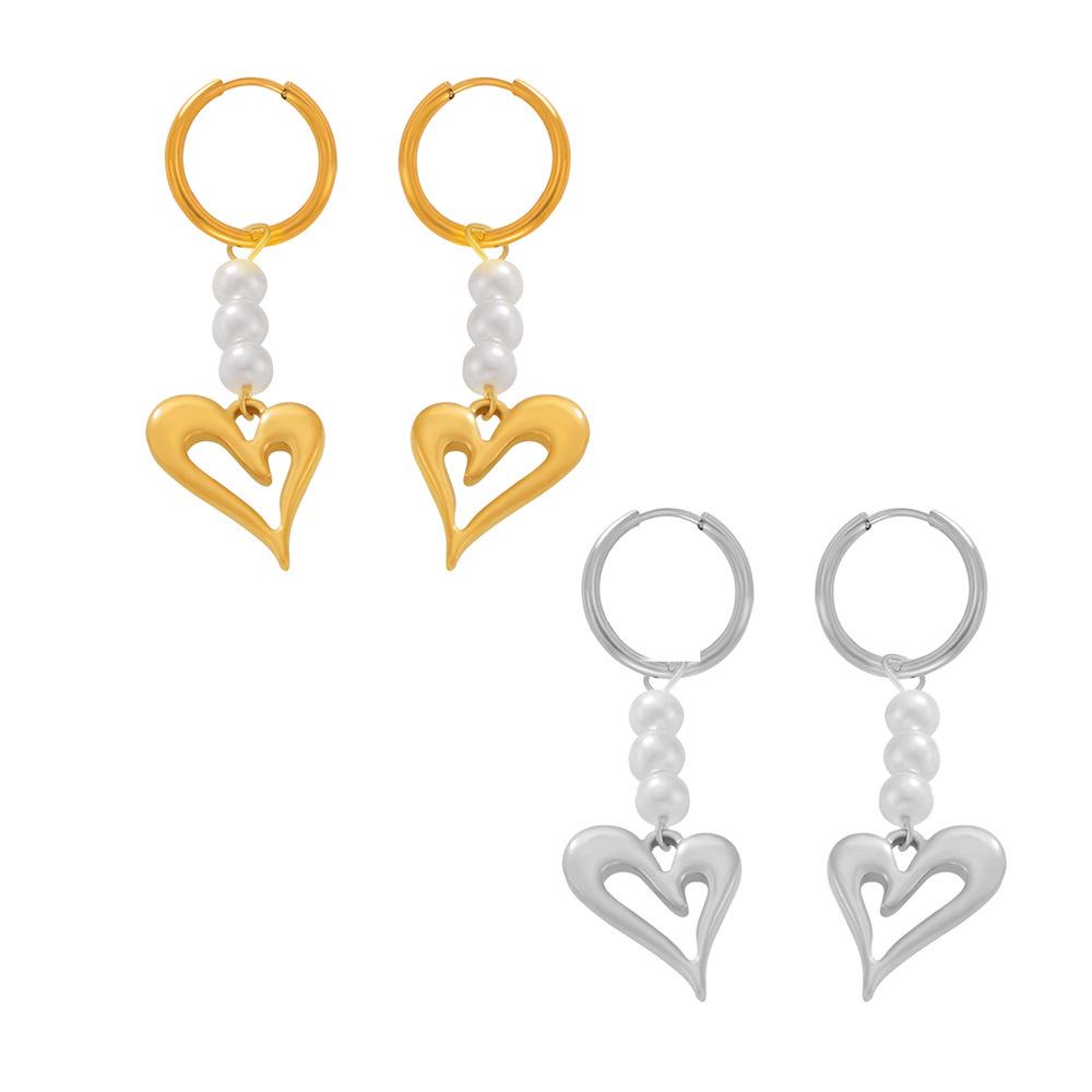 Titanium Steel 18k Gold Plated Heart Earrings with Cross Tassel and Imitation Pearl