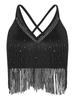 S-XXL Women Lyrical Dance Crop Top V Neck Sleeveless Back Crossing Fringe with Mesh Wide Leg Pants Built-in Briefs for Modern Dance Performance