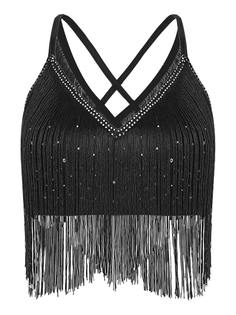 S-XXL Women Lyrical Dance Crop Top V Neck Sleeveless Back Crossing Fringe with Mesh Wide Leg Pants Built-in Briefs for Modern Dance Performance