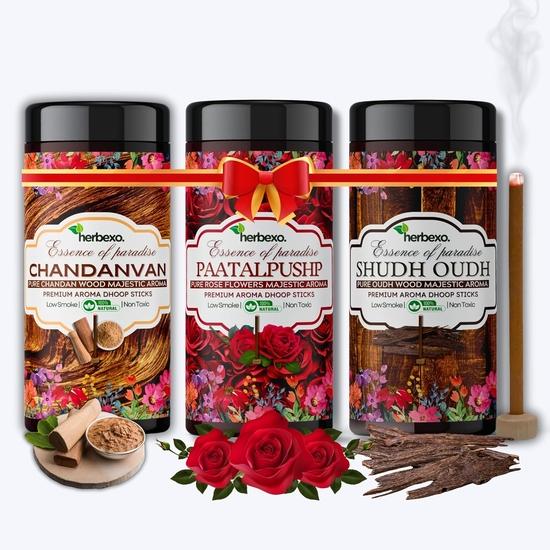 

Сандаловое дерево (Чандан), Oud and Rose Pure Attar Fragrant Dhoop Sticks Trio Pack Длительные величественные ароматы Ittar 100% натуральные