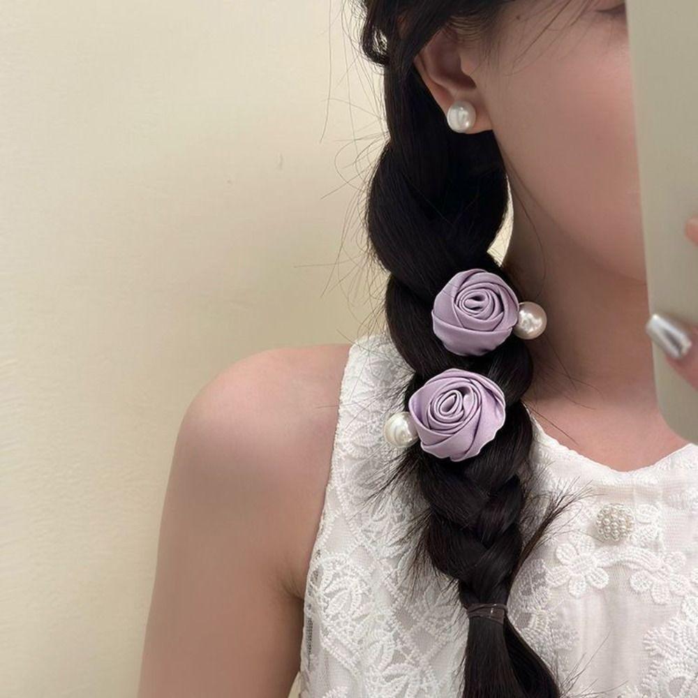 Flower Rose Hair Clips Korean Style Pearl Barrettes Elegant Silk Satin Hairpin  Women