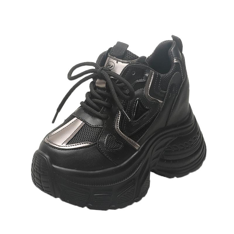 Fashion 10CM Women Casual Leather Mesh Shoes New Autumn Breathable Chunky Sneakers Street Height Increased Shoes Thick Platform Sneakers