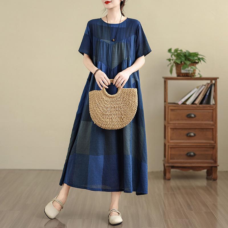 2025 Summer Retro Cotton Linen Patchwork Dress - Women's Loose Plus Size, Round Neck, Short Sleeve.