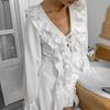 Autumn High-end White Crepe Fashion V-neck Long-sleeved Commuter Casual Cascade Ruffle French Dress