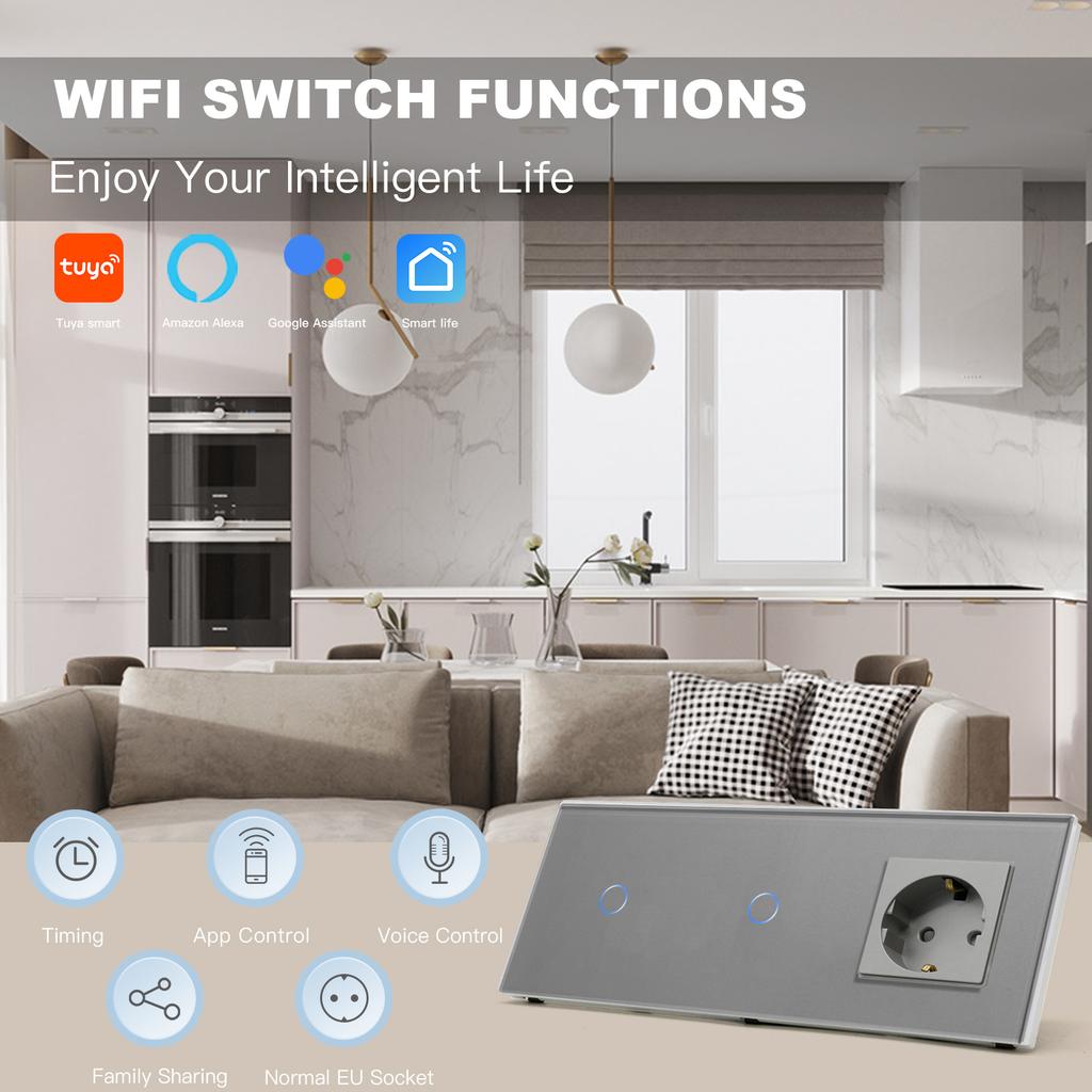 BSEED  Wifi Double 1/2/3Gang Touch Switches Smart Life Alexa Control Plus Normal Wall Power Socket EU Standard Glass Panel 228mm