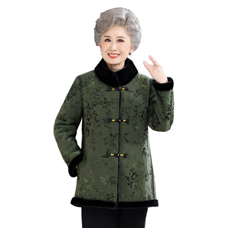 Chinese Winter Deer Velvet Coat with Fur Collar for Middle-Aged & Elderly Women