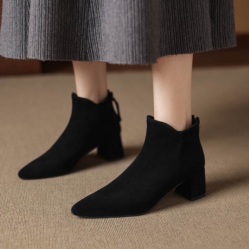 Krazing Pot Cow Suede Nubuck Pointed Toe Thick Heels Chelsea Boots Size 43 Zip Basic Clothing Women Ankle Boots