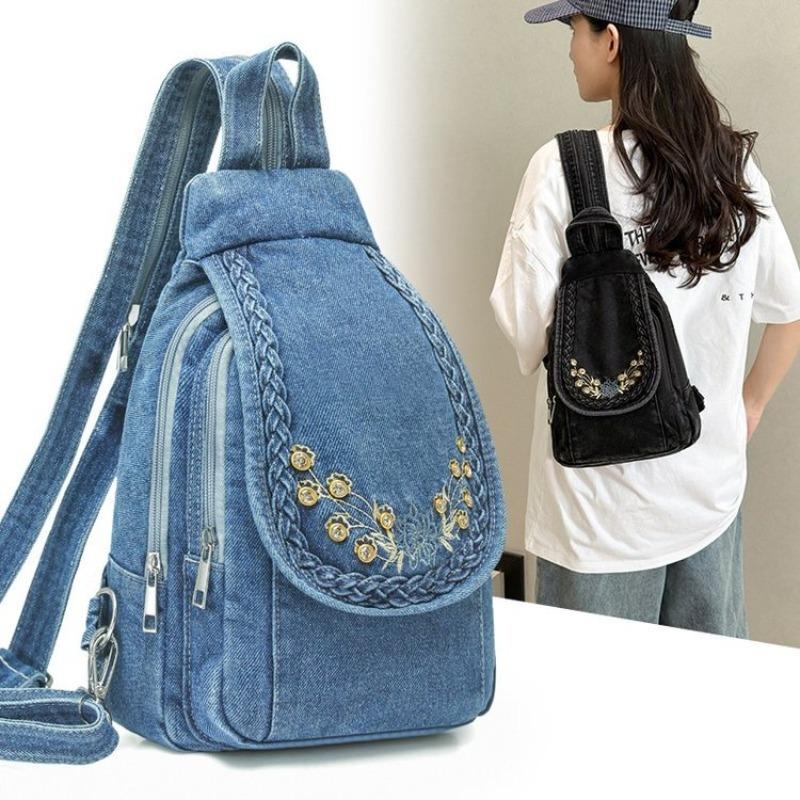 Simple Washed Denim Multi-functional Backpack, New Travel and Leisure Oblique Span Bag