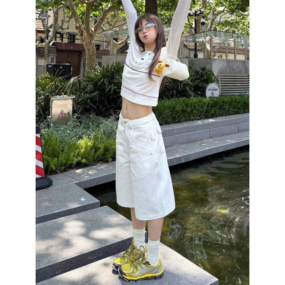 Women s American Retro White Cropped Wide-Leg Jeans - Summer High Street Style S