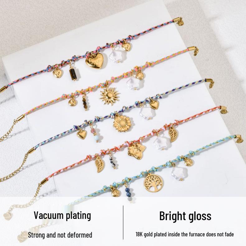 Woven Rope Bracelet with Sun Heart Stainless Steel Pendant - Multi-Element Combo, Fashionable & Personalized Design.