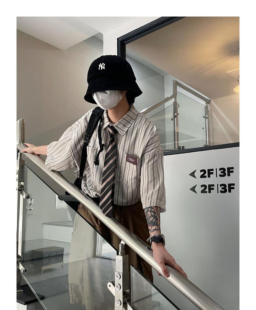 2023 Summer Unisex Japanese Retro Striped Lapel Short-Sleeve Trendy Shirt