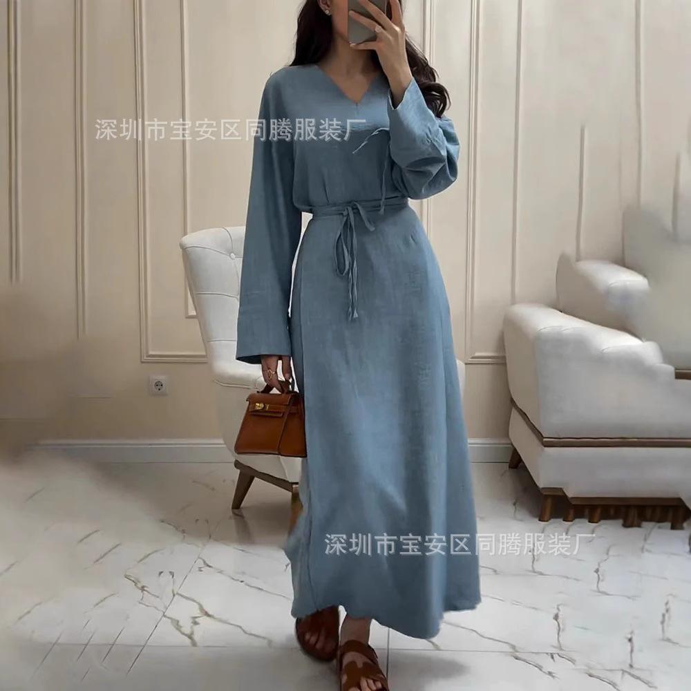 European And American New Elegant Solid Color Sexy Waist Fashion Princess Sleeve Medium And Long Dress