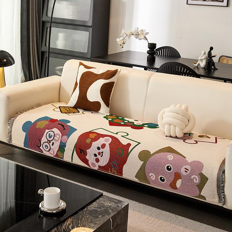 Cartoon Sofa Cushion Seat Cushion Retro Alley Colored Sofa Towel One Piece Sofa Cover Autumn And Winter Non-Slip Sofa Cover