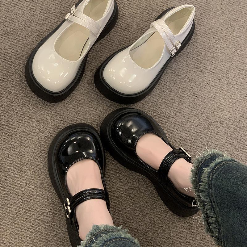 Black thick heel platform small leather shoes women's spring new French heightening Mary Jane shoes jk leather shoes high heels