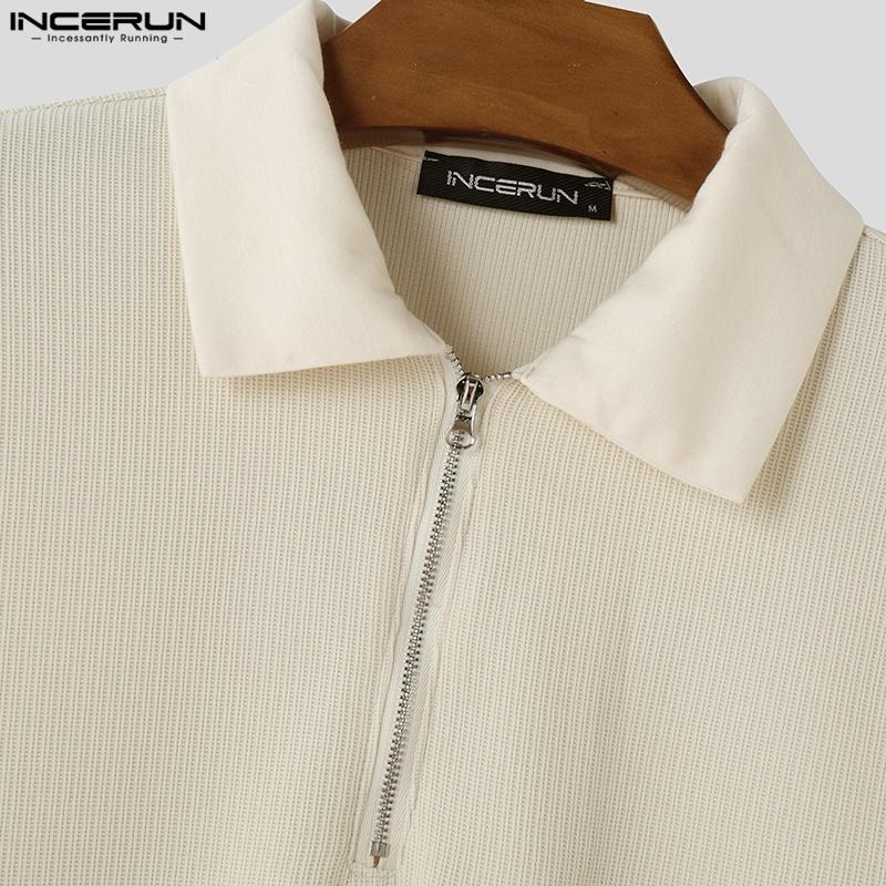 INCERUN Letnie Męskie Koszulki Polo z Zamkiem i Teksturą, Krótki Rękaw, Casualowe Top