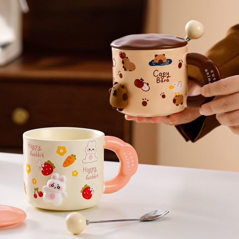3D Magnetic Mug with Lid Spoon Creative Personality Ceramic Water Cup Cute Cartoon Large Capacity Office Coffee Cup