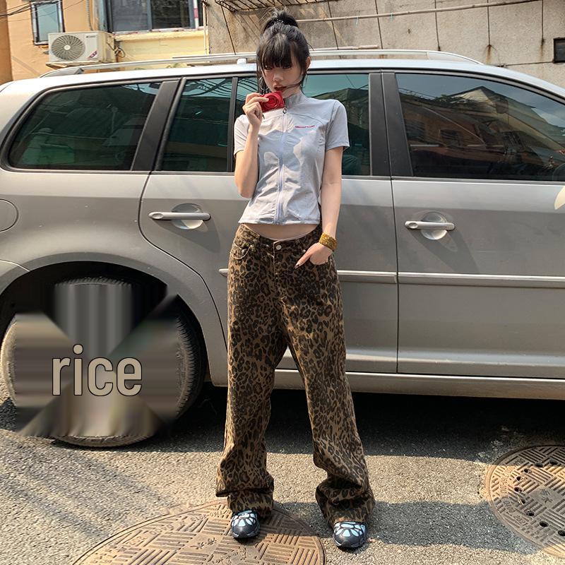 

Women s Leopard Print High-Waisted Wide-Leg Jeans - Summer 2024 Slimming Floor-Length Pants Medium
